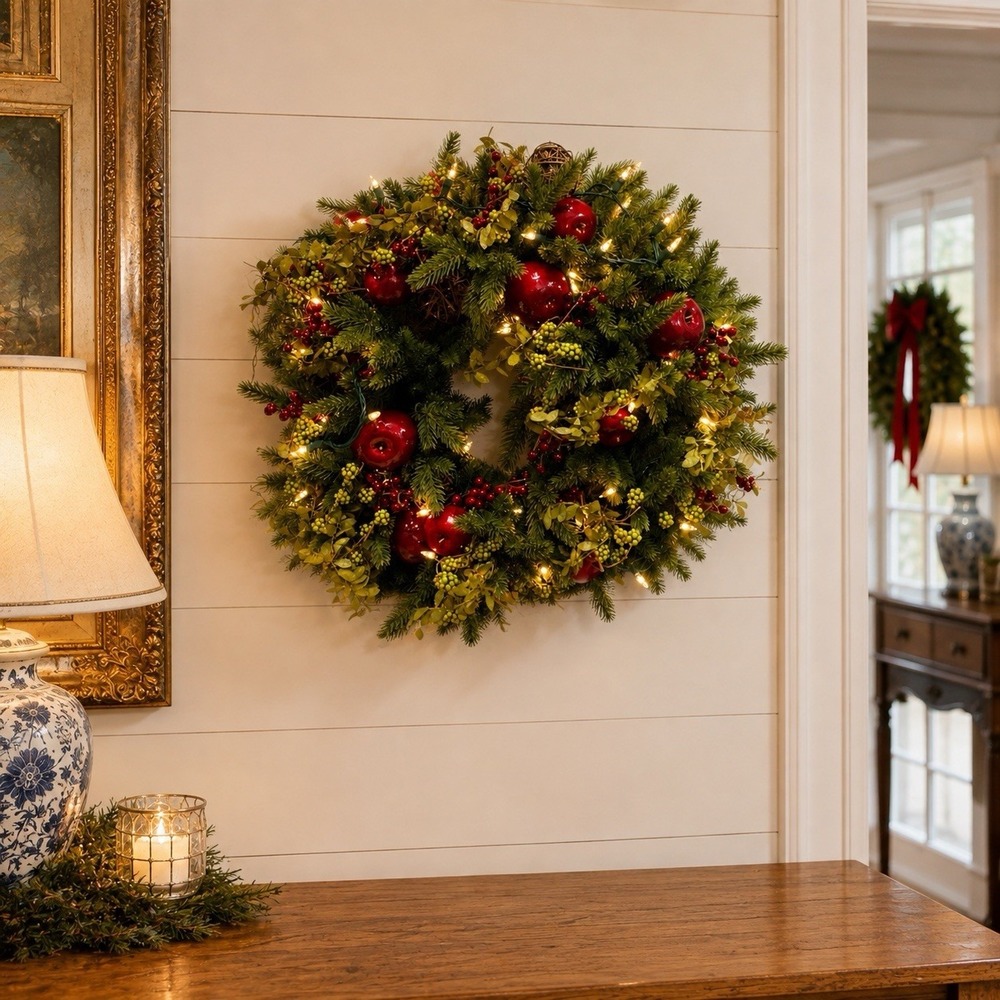 Balsam Hill Norway Spruce Holiday Wreath 26" Candlelight LED Lights Christmas